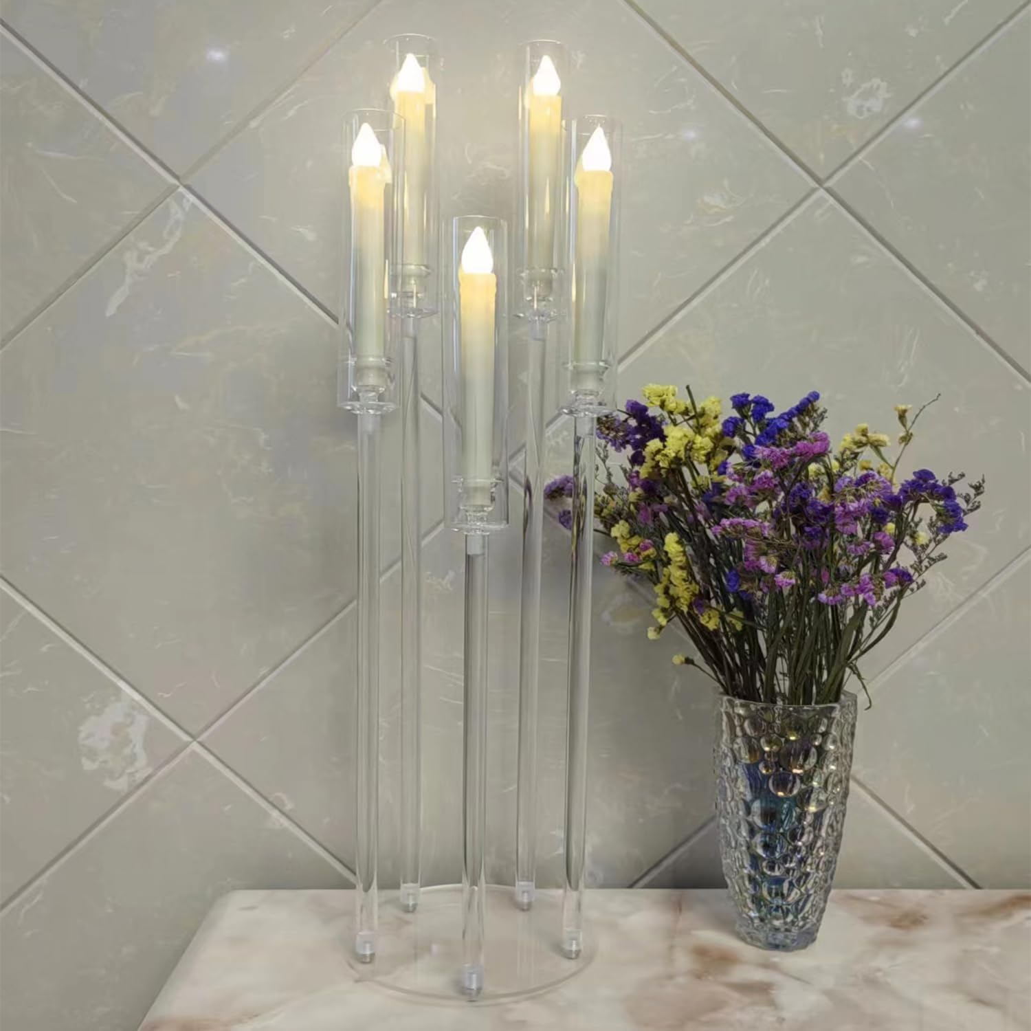 8 Sets Acrylic Floor Candelabra Centerpieces for Wedding, 33.9Inches Tall Candelabra Candle Holder with LED Candles 5 Arm Candlesticks Holder with Acrylic Shade for Table Dinner Party Fireplace Decor