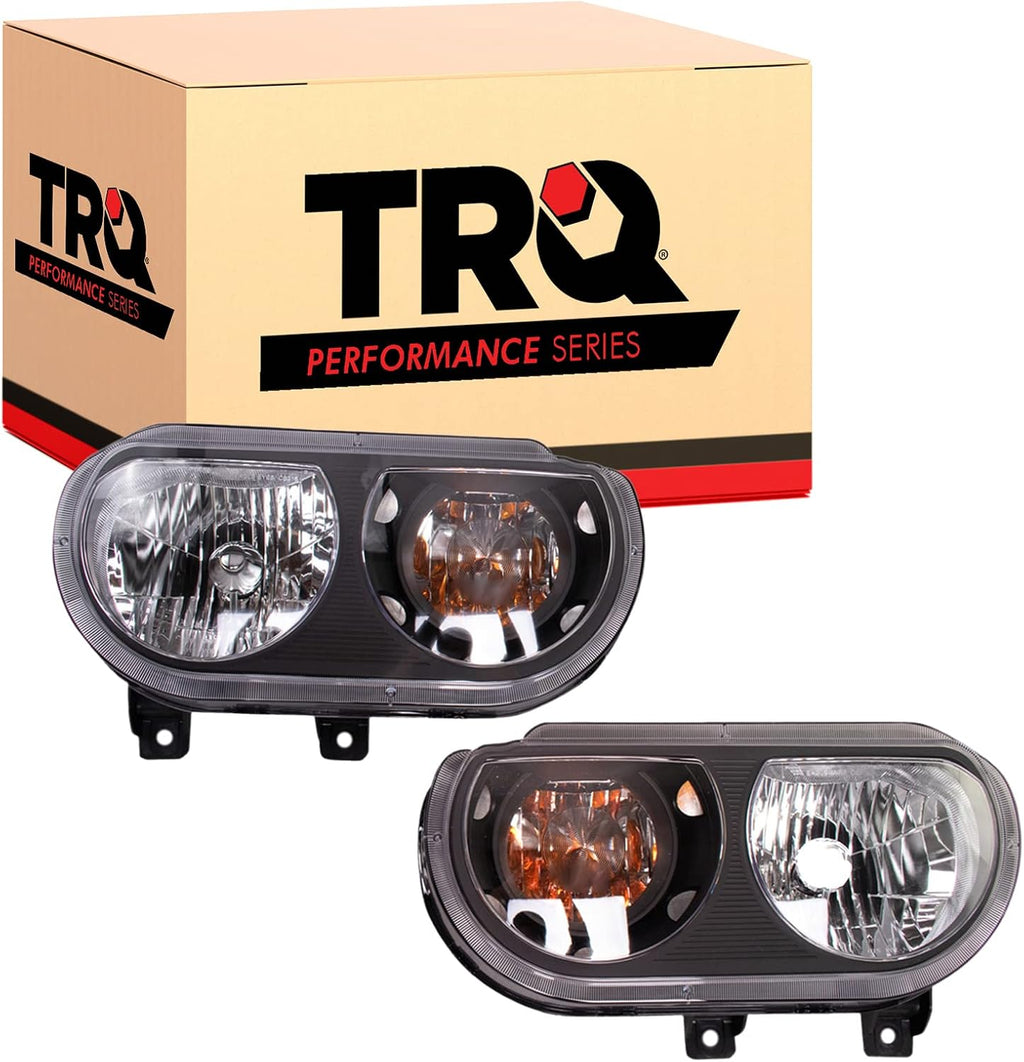 TRQ Driver and Passenger Side Headlight Assembly Set Black Housing Clear Lens Compatible with 08-14 Dodge Challenger Halogen Only