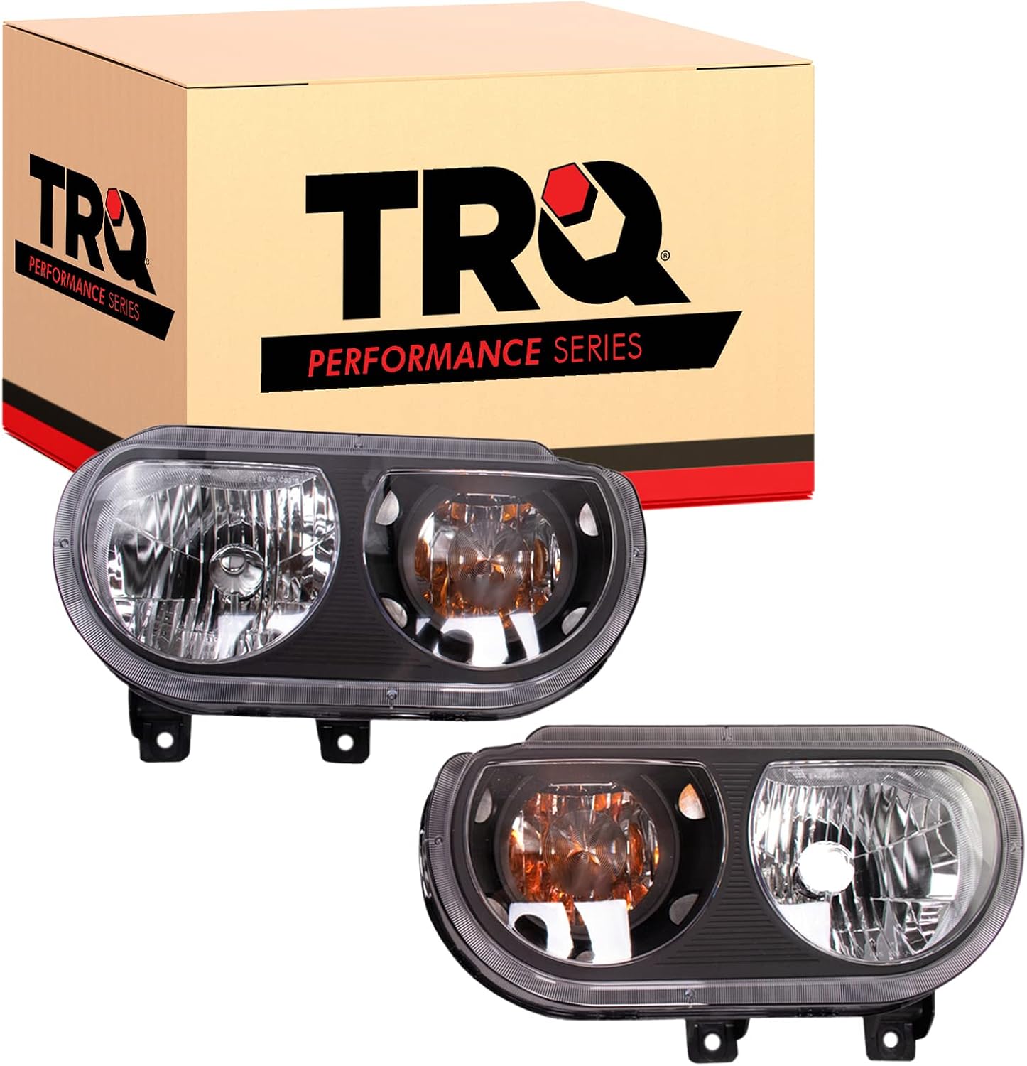 TRQ Driver and Passenger Side Headlight Assembly Set Black Housing Clear Lens Compatible with 08-14 Dodge Challenger Halogen Only