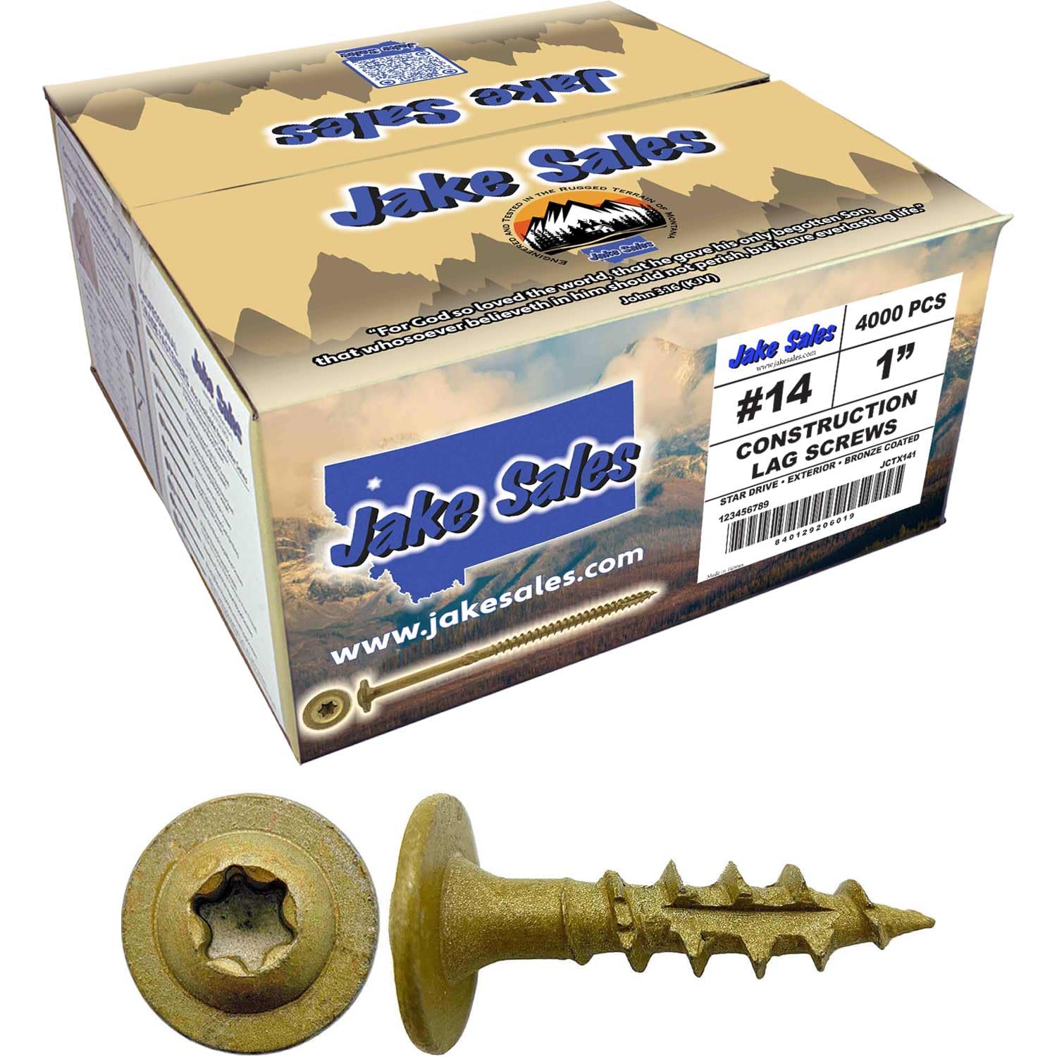 Jake Sales #14 x 1 Construction Lag Screw Torx/Star Drive Heavy Duty Structural Lag Screw Far Superior to Common Lag Screws (Full Box - 4,000 Screw Count) Exterior Coated - ACQ Compatible Wood Screws