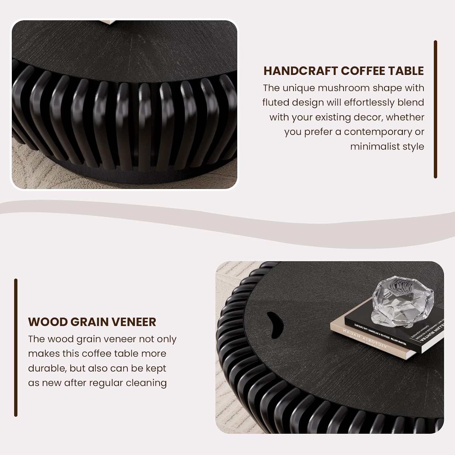 Round Coffee Table with Storage, Mid Century Modern Drum Coffee Table for Living Room, Fluted Circle Center Table with Sturdy Pedestal, Accent Tea Table for Apartment (35.4' Black with Storage)