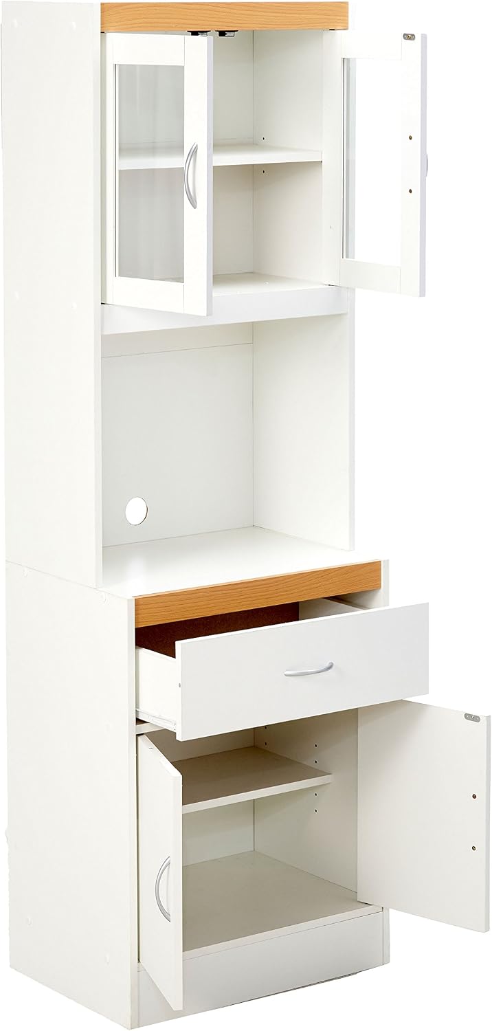 Hodedah Long Standing Kitchen Cabinet with Top and Bottom Enclosed Cabinet Space, One Drawer, Large Open Space for Microwave, White
