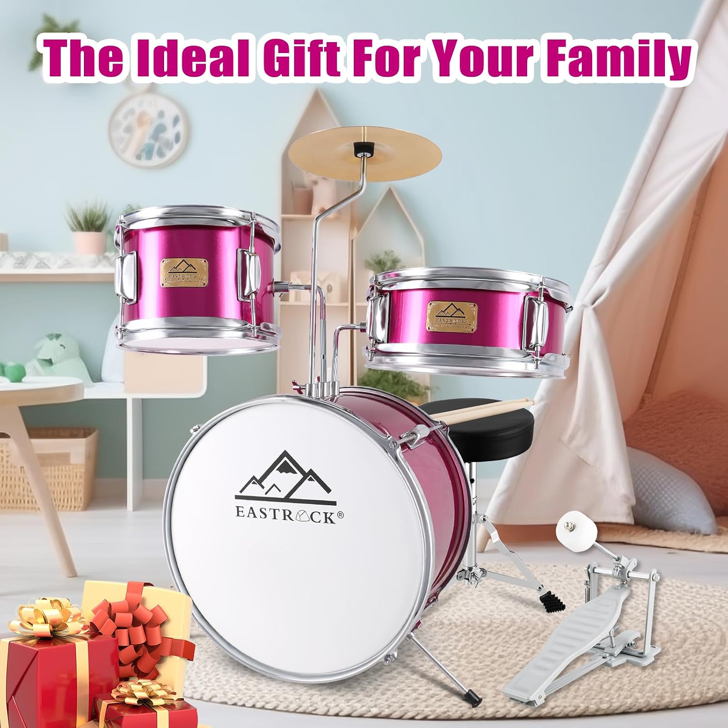 EASTROCK Junior Drum Set, 3 Piece 14'' Junior Drum sets for Drummer,Beginner, Drum Set for 5-7 Years Old with Adjustable Throne,Cymbal,Pedal,Drumsticks (Rose Powder)