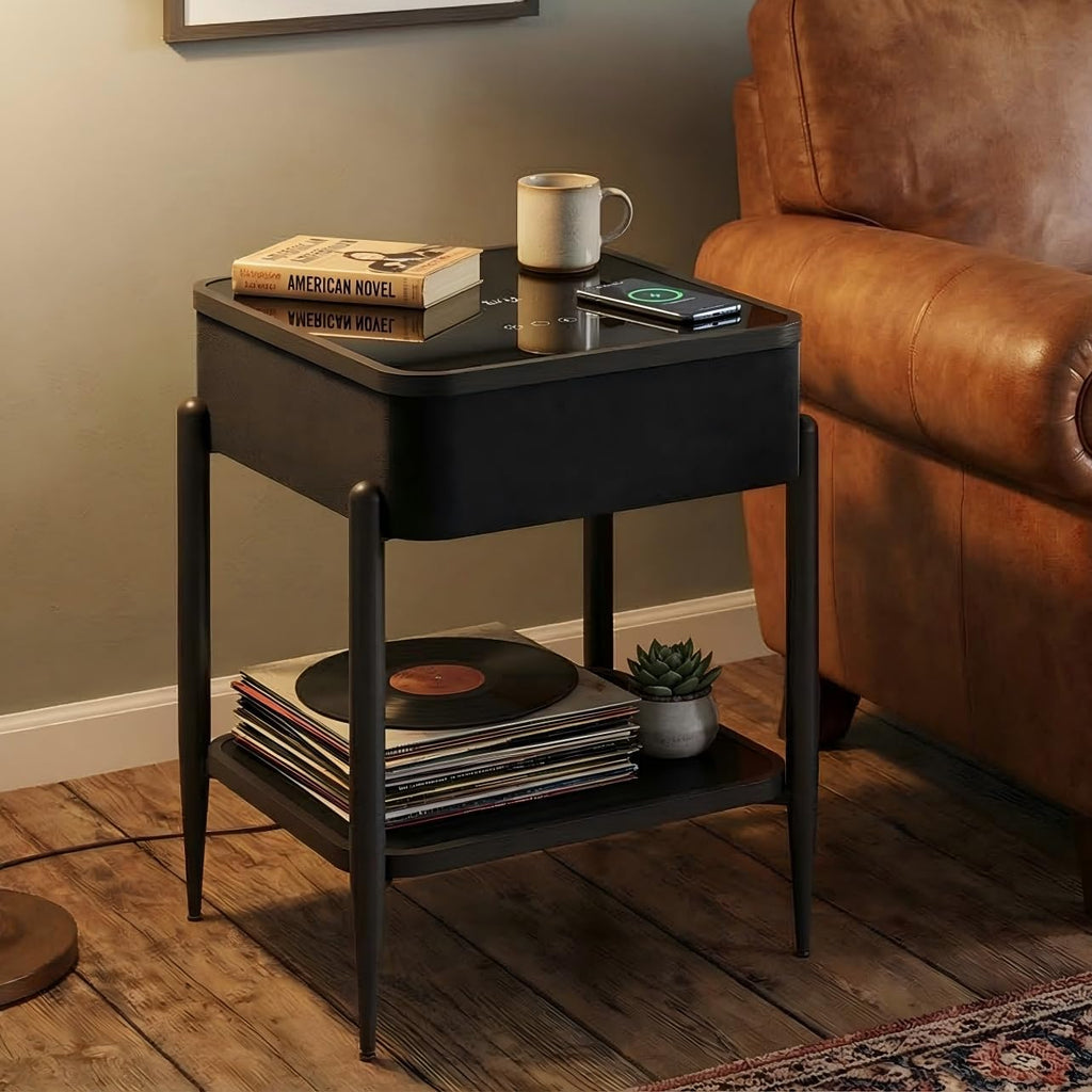 LED Smart Nightstand with Bluetooth Speaker & Wireless Charging, Modern End Table with RGB Lights, Tempered Glass Touch Panel, USB/Type-C/AUX Ports, Easy Assembly, 65W HiFi Sound System, Black