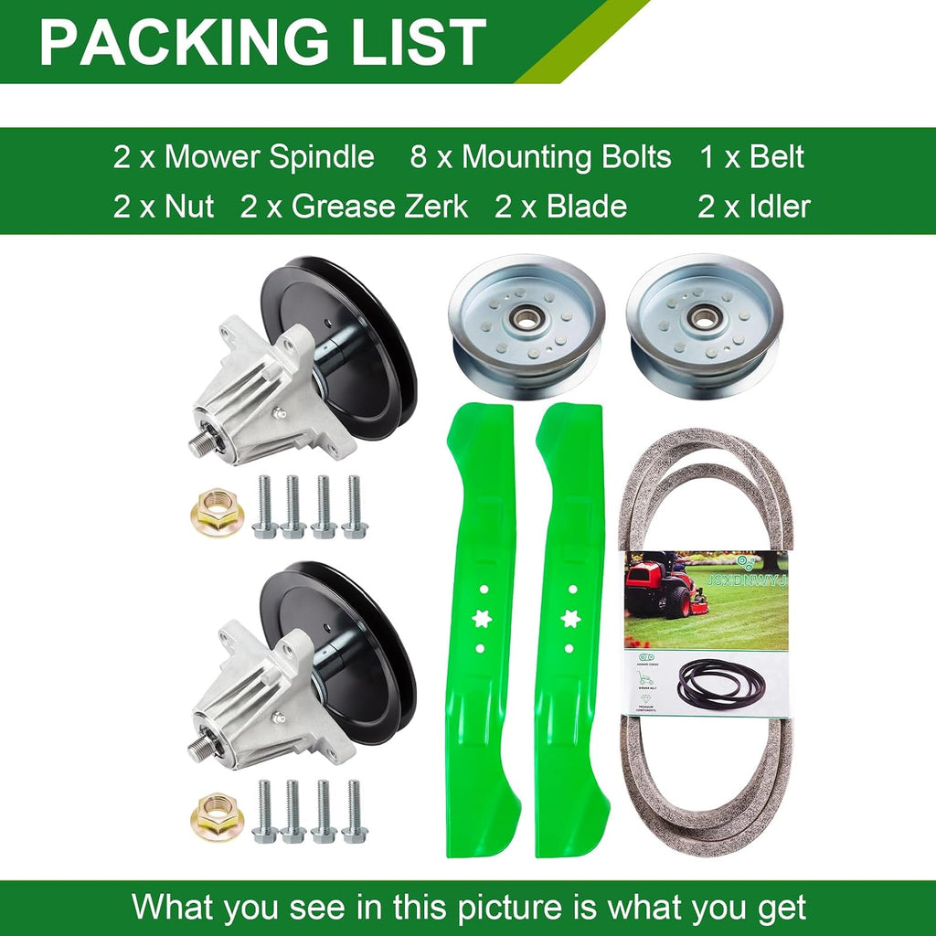46 Inch Mower Deck Rebuild Kit - Fits Cub Ca det XT1-LT46 XT2-LX46 Craftsman T225 T240 T2800 T3100 T8600, 2 Spindles(918-06977A) + 2 Blades(942-04244A) + 1 Belt(954-05022A) + 2 Idlers(756-05034A)