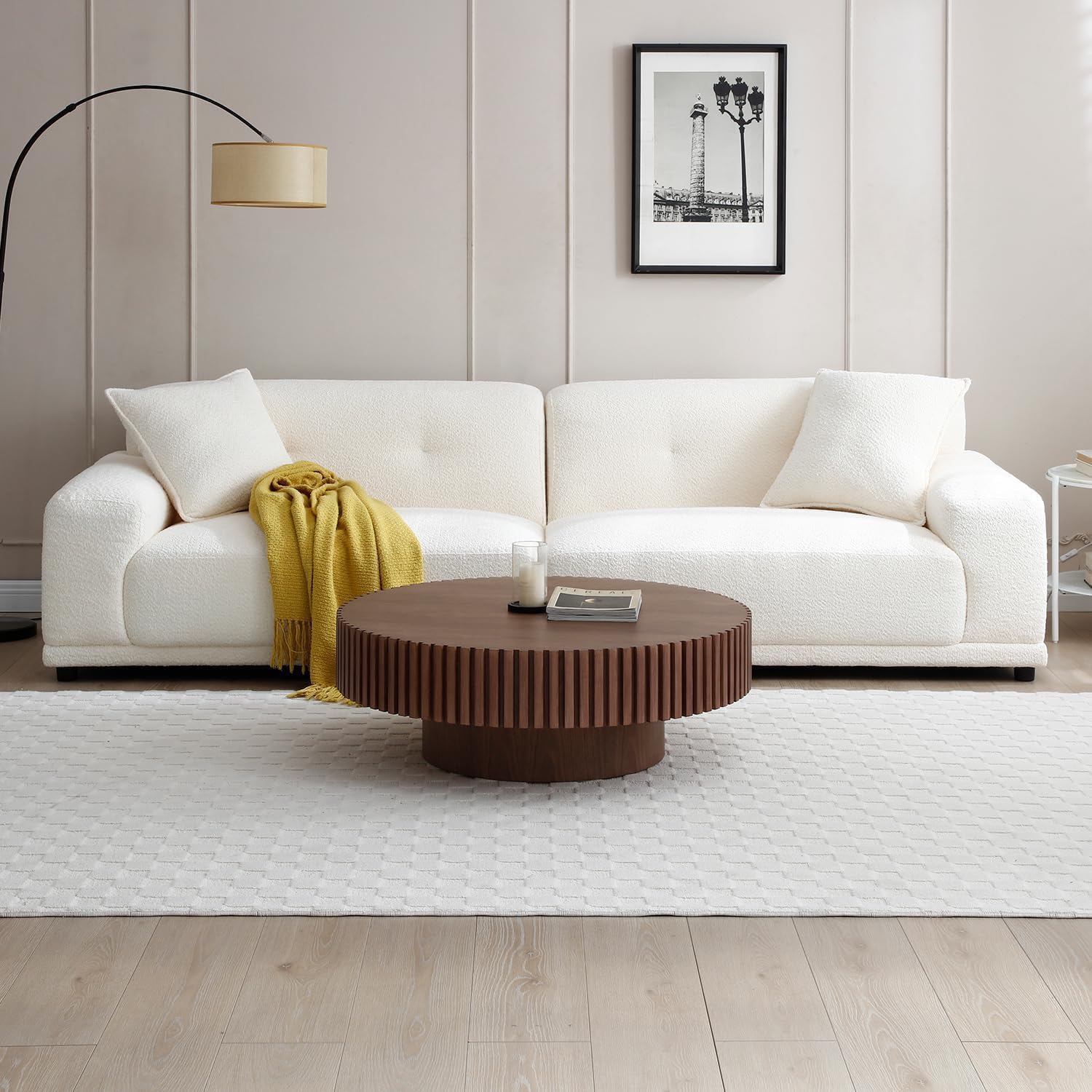 Walnut Round Coffee Table for Living Room Contemporary Circle Wood Coffee Table with Pedestal, Easy Assembly ø31.49'',