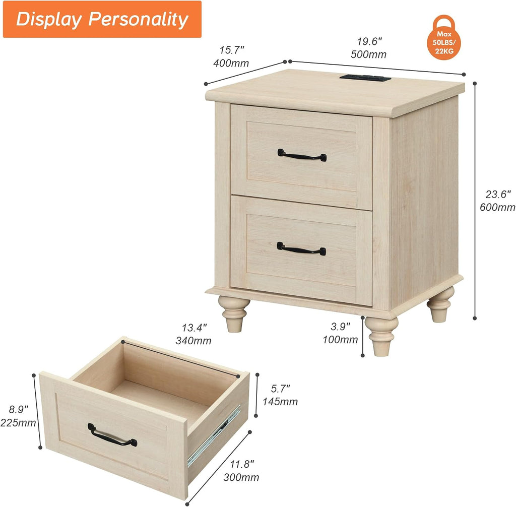 WAMPAT Beige Side Table Nightstand with Charging Station, Wooden End Table with 2 Drawers for Living Room, Mid Century Night Stand Modern Bedside Table for Bedroom, Kids Room