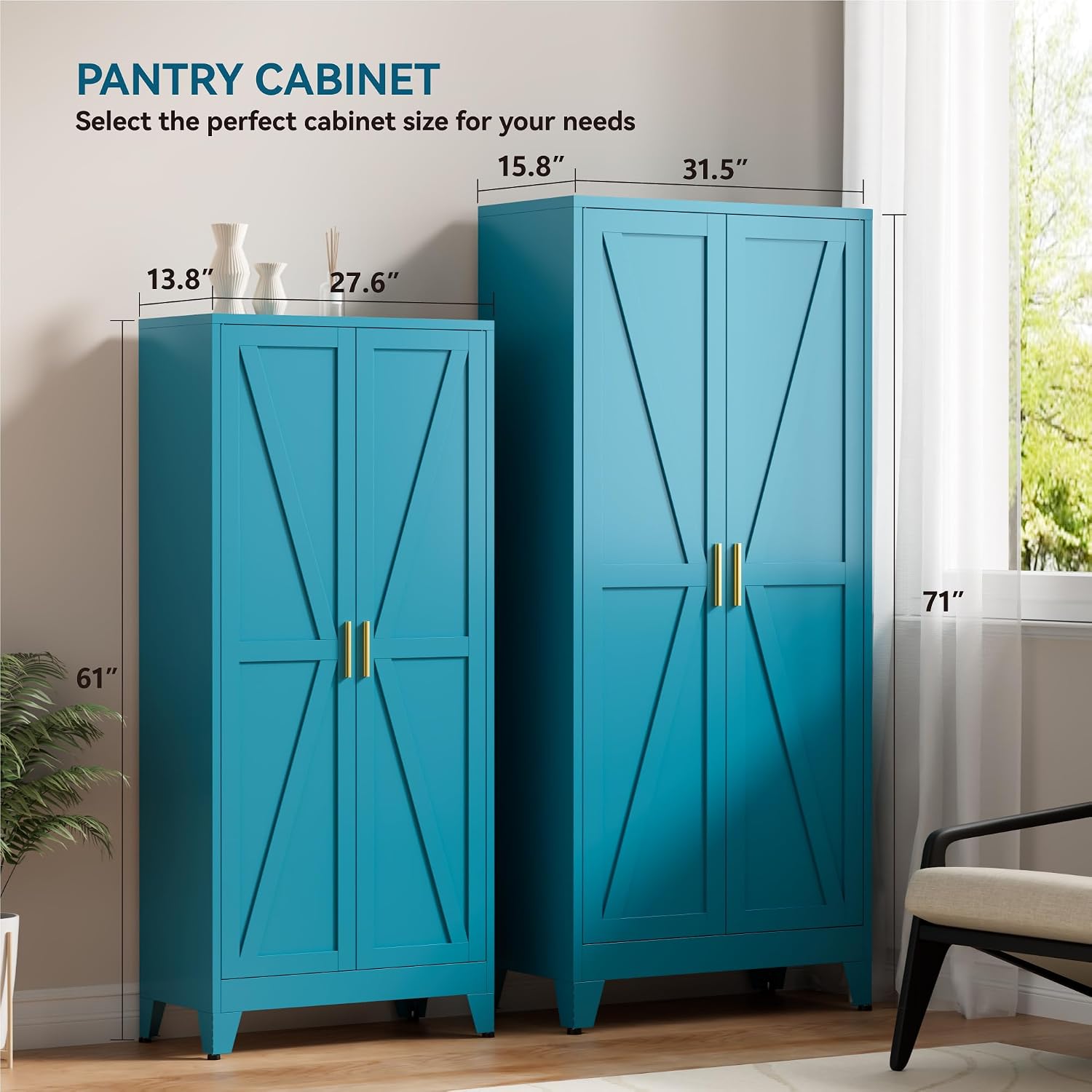 Farmhouse Pantry Cabinet with Barn Doors,61' H x 27.5' W,Metal Cabinet with Adjustable Shelves,4-Tier Storage Cabinet for Kitchen Dining Room Garage,Blue 1 Pack