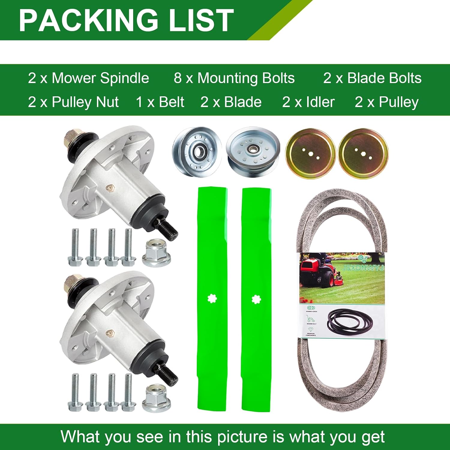 42 Inch Mower Deck Rebuild Kit - Fits John Deere D100 D105 D110 D130 LA100 LA105 LA110 LA115 LA120 LA125 LA135, Spindles(GY21098) Blades(GY20850) Idler Pulley(GY20110 GY20067 GX20367) Belt(GX20072)