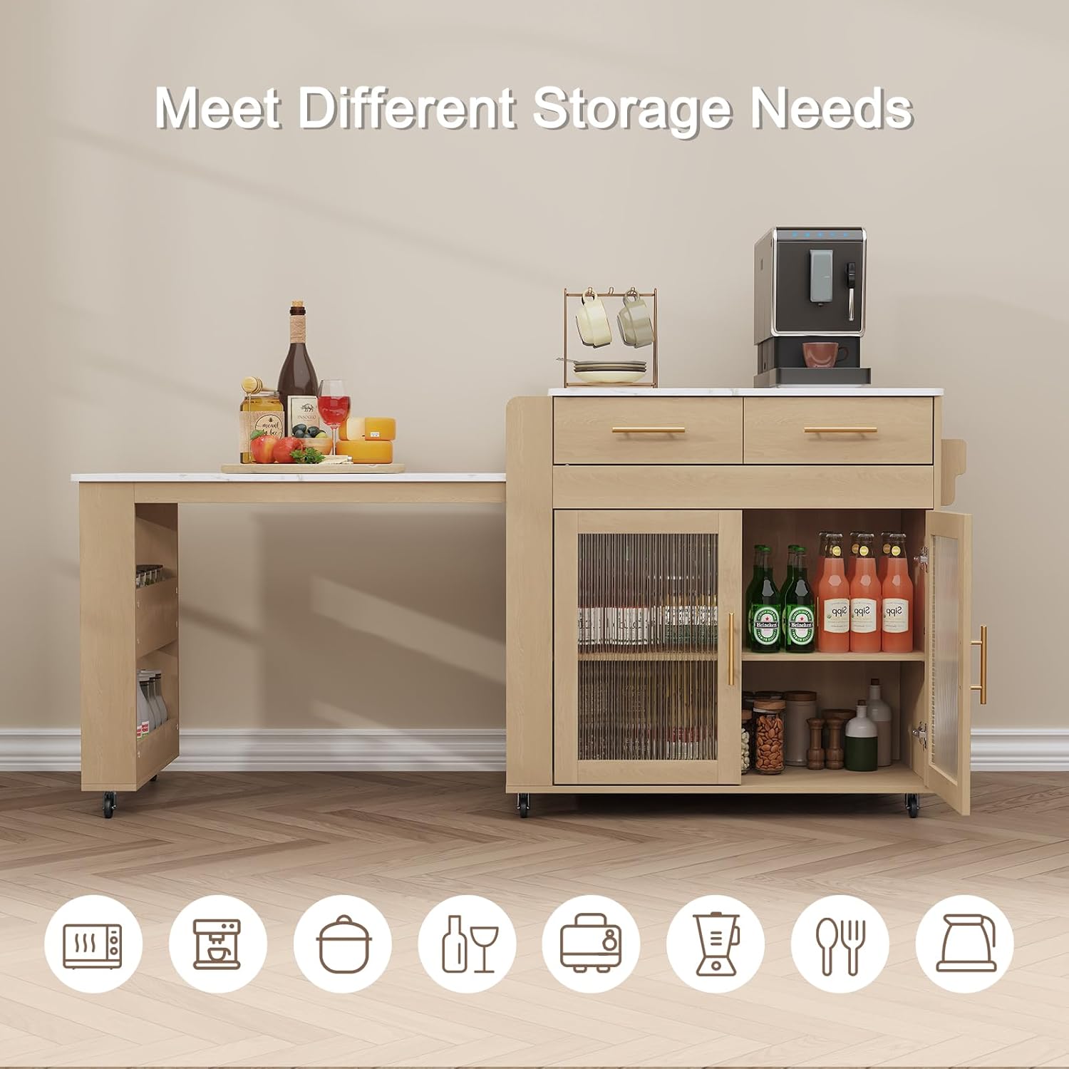 HLR 72' Kitchen Island with Extendable Dining Table, Marble Grain Top Storage Islands with Power Outlet, Rolling Cart on Wheels with Storage Cabinet and 2 Drawers, Pre Table for Kitchen
