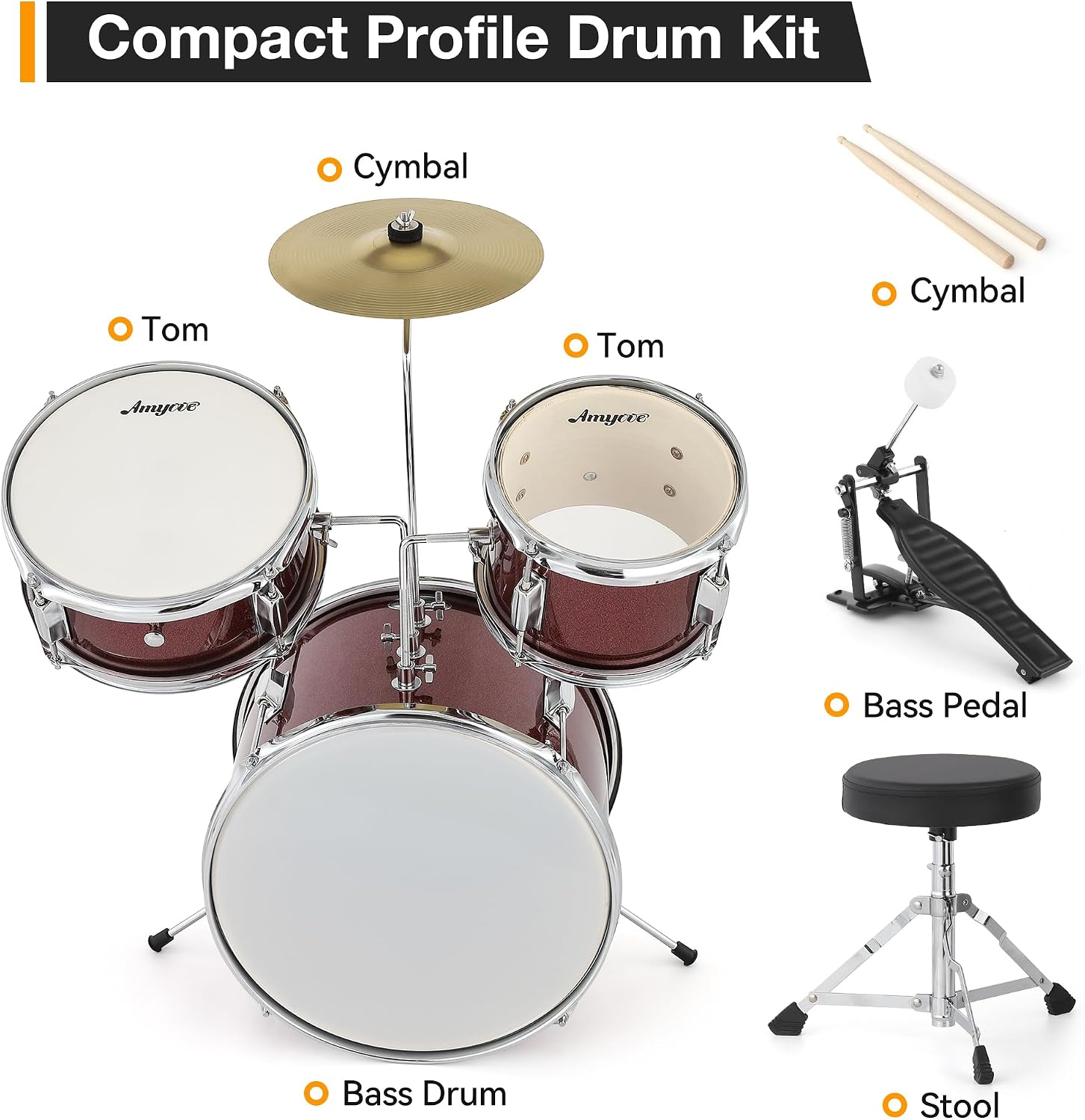 3-Piece Beginner Drum Set, Beginner Drum Set,with Bass Tom Snare Drum, 14 Inch Drum Kit with Snare, Cymbal, Drumsticks, Adjustable Seat (Red)
