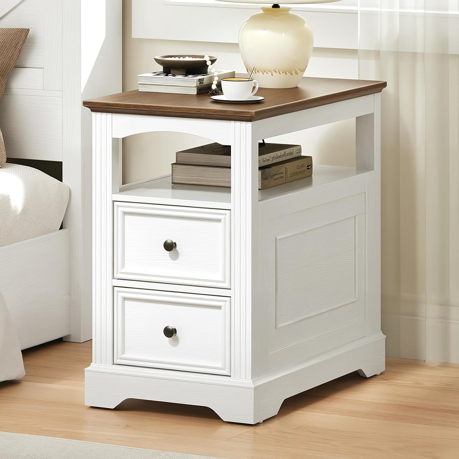 RALGEND Farmhouse End Table Set of 2, Narrow Sofa Side Table with 2 Drawers and Open Shelf, Wooden Nightstand with Storage for Small Spaces, Bedroom, Living Room, White and Walnut