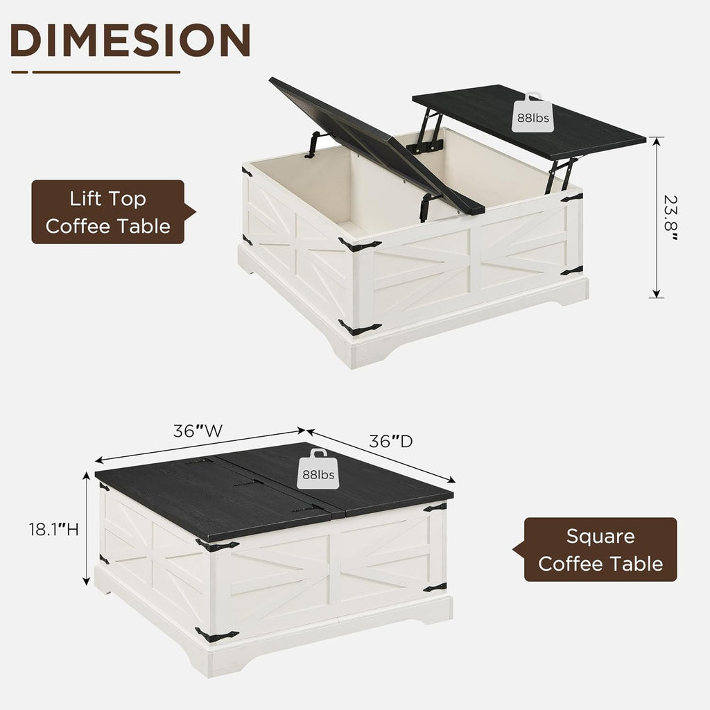 JXQTLINGMU 36' Lift Top Coffee Table with Storage, Farmhouse Square Center Table with Large Hidden Compartment, Wood Lift Tabletop Dining Table for Home Living Room, White