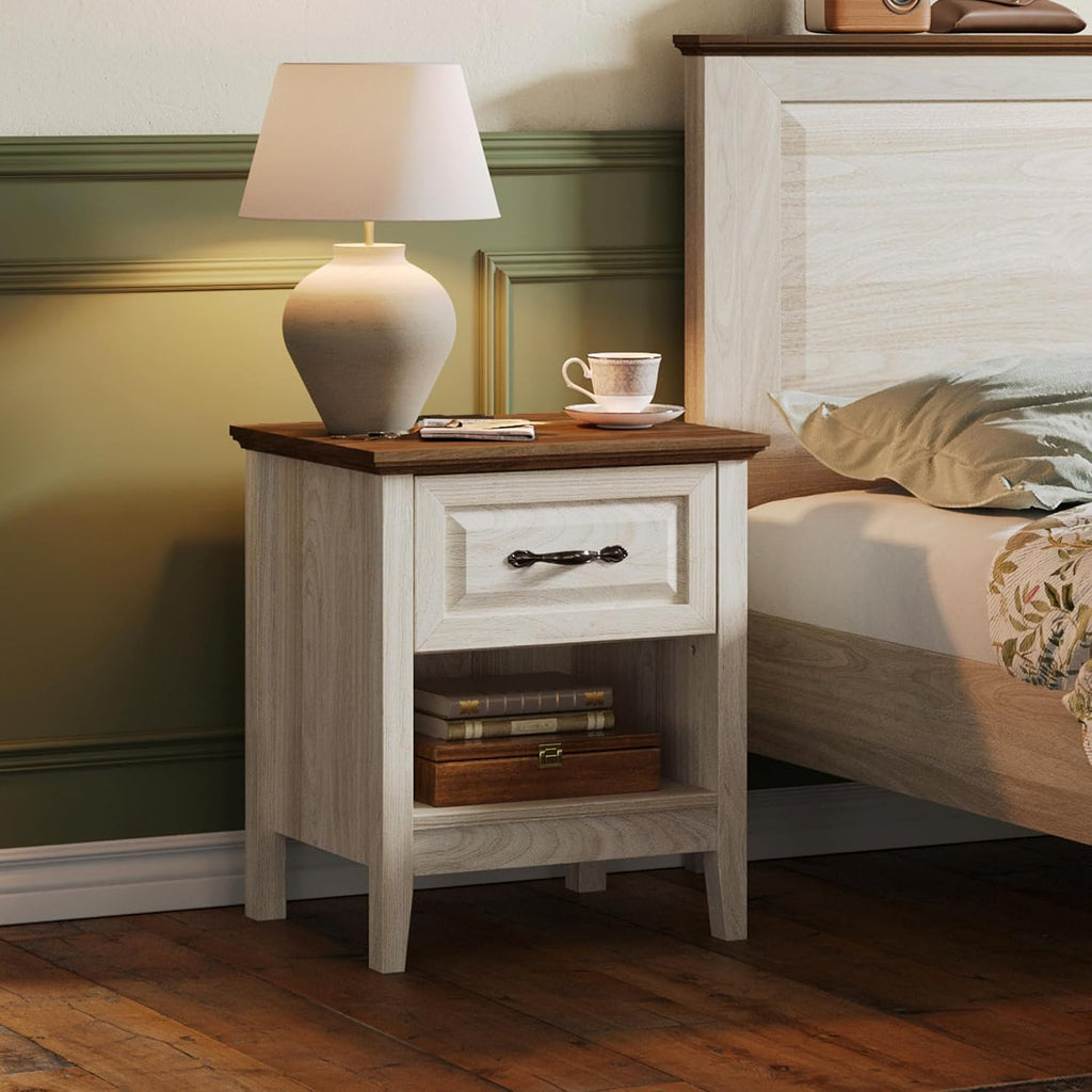 LINSY Night Stand Set of 2, 18.9' Farmhouse Wood NightStand with Type-C Charger &Open Storage Shelf Nightstands with Drawer, Side Table End Table for Bedroom Living Room Sofa Couch Office Beige