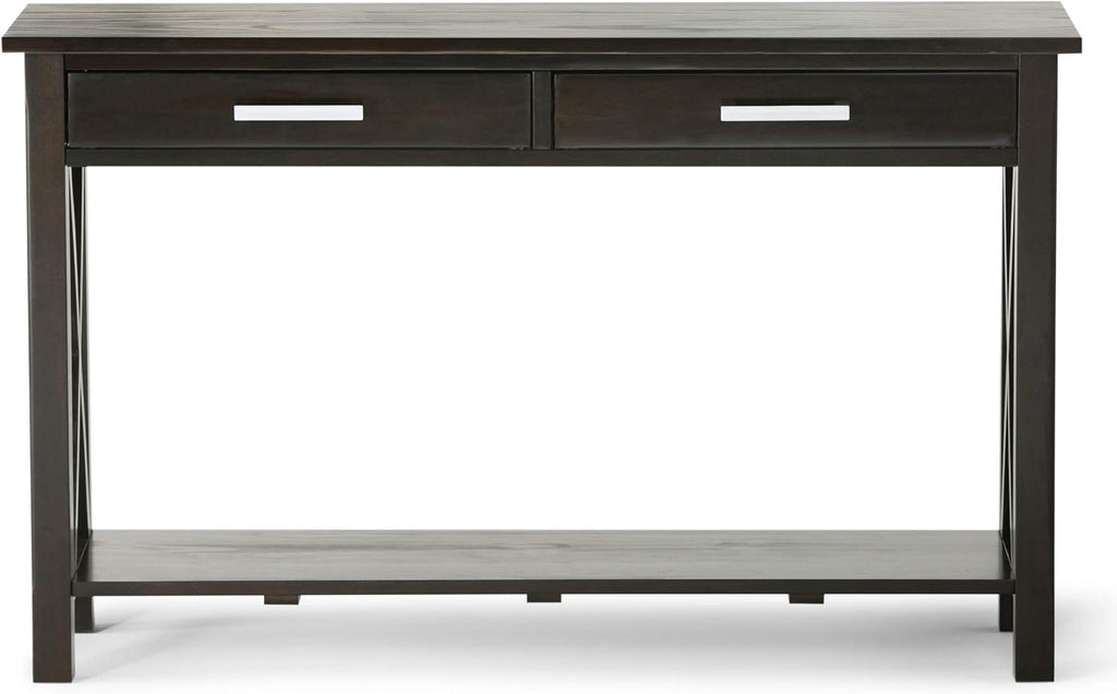 SIMPLIHOME Kitchener Console Table - 47 Inch Wide Solid Wood Sofa Table in Hickory Brown, Contemporary Storage Table for Entryway or Living Room with 2 Drawers, Bottom Shelf, and X-Design Side Panels