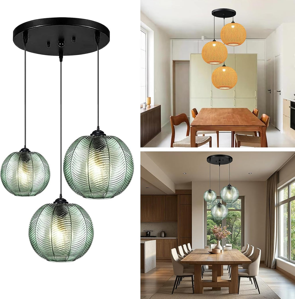 GXF 3 in 1 Green Cluster Pendant Light Fixtures, E26 E27 Large Glass Chandelier Mid Century Modern Chandelier Ribbed Blown Glass Globe Shade Hanging Light Ceiling Light for Living Room Restaurant Bar
