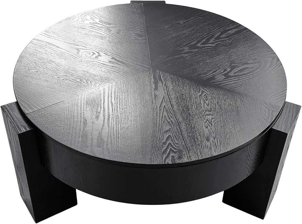 33'' Round Coffee Table with Hidden Storage, Modern Wood Veneer Top, 3 Block Legs Sturdy Center Accent Table for Living Room, Small Space, Black