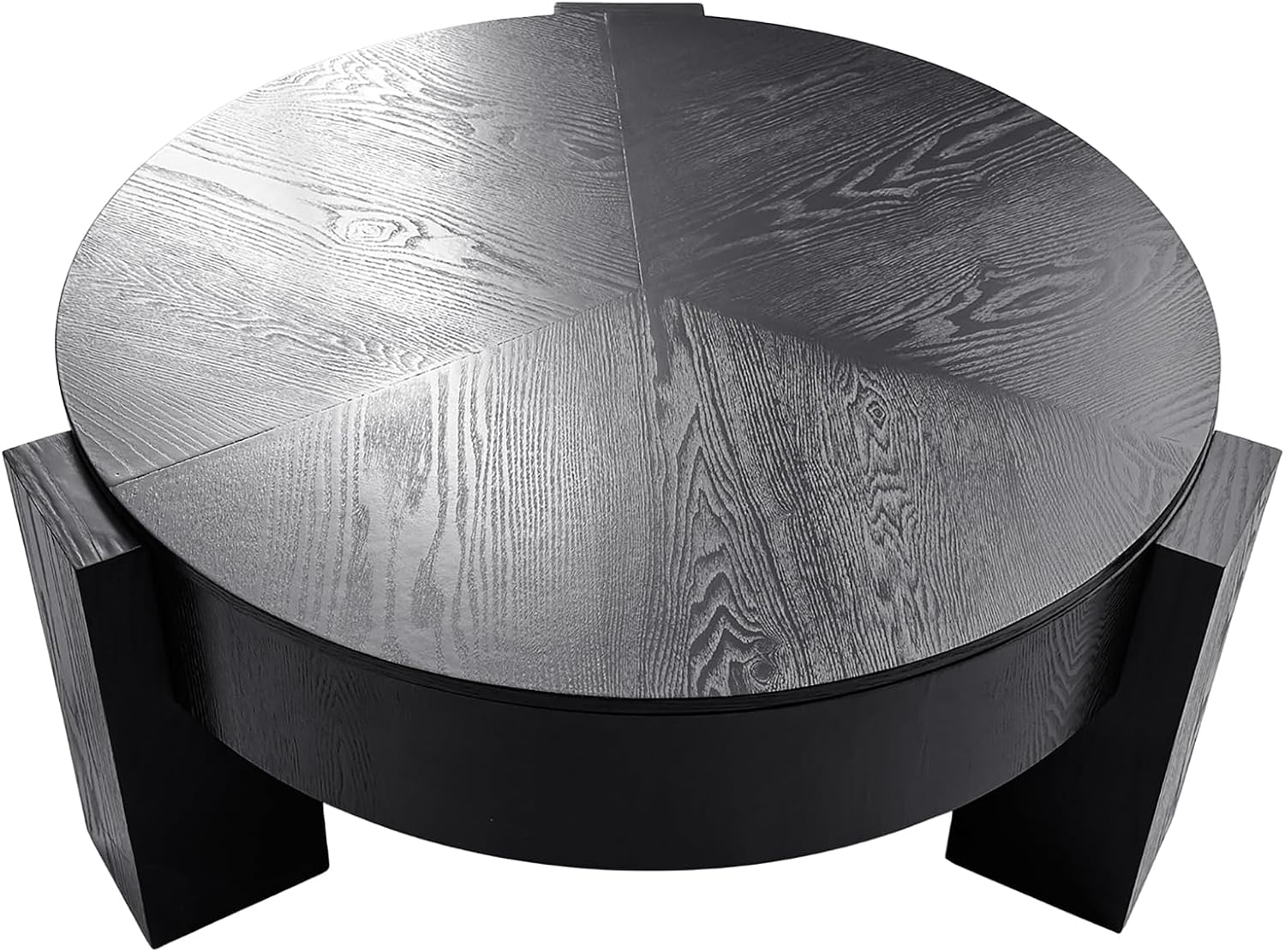 33'' Round Coffee Table with Hidden Storage, Modern Wood Veneer Top, 3 Block Legs Sturdy Center Accent Table for Living Room, Small Space, Black