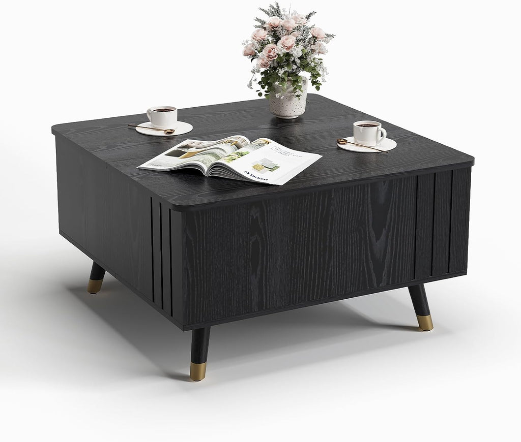 Square Coffee Table with Lift-Top & Flip-Top Storage, 36' Lift Tabletop Dining Center Table with Solid Wood Legs, Functional Modern Black Coffee Tables for Living Room Small Space or Office