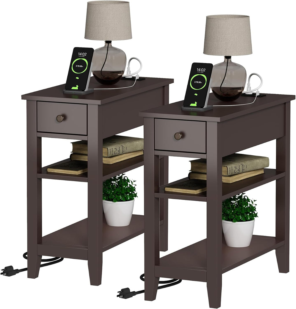 ChooChoo Narrow End Table Set of 2,Side Table Living Room with USB Ports & Power Outlets and Hidden Drawer, 3-Tier Skinny Nightstand with 2 Open Storage Shelves for Small Place(Espresso)
