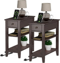 ChooChoo Narrow End Table Set of 2,Side Table Living Room with USB Ports & Power Outlets and Hidden Drawer, 3-Tier Skinny Nightstand with 2 Open Storage Shelves for Small Place(Espresso)