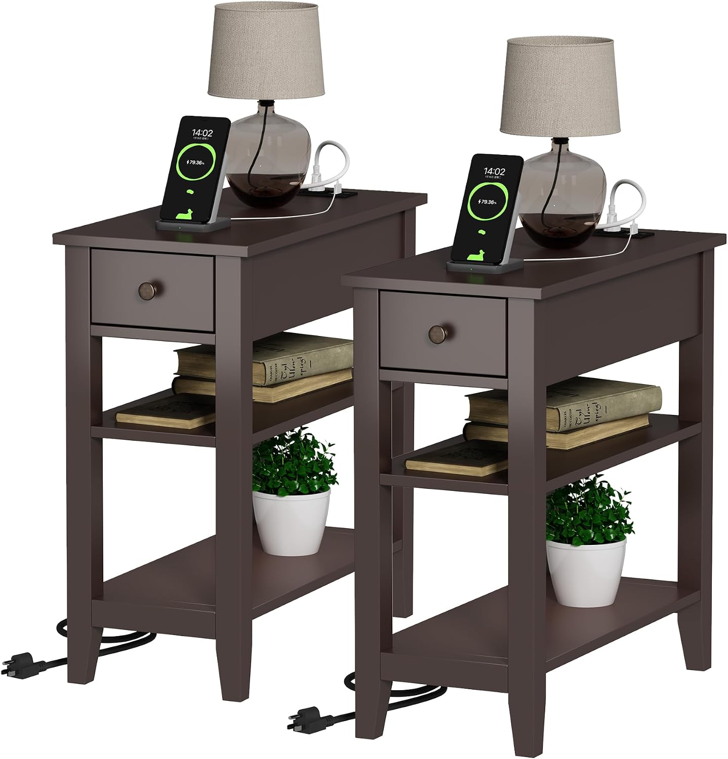 ChooChoo Narrow End Table Set of 2,Side Table Living Room with USB Ports & Power Outlets and Hidden Drawer, 3-Tier Skinny Nightstand with 2 Open Storage Shelves for Small Place(Espresso)