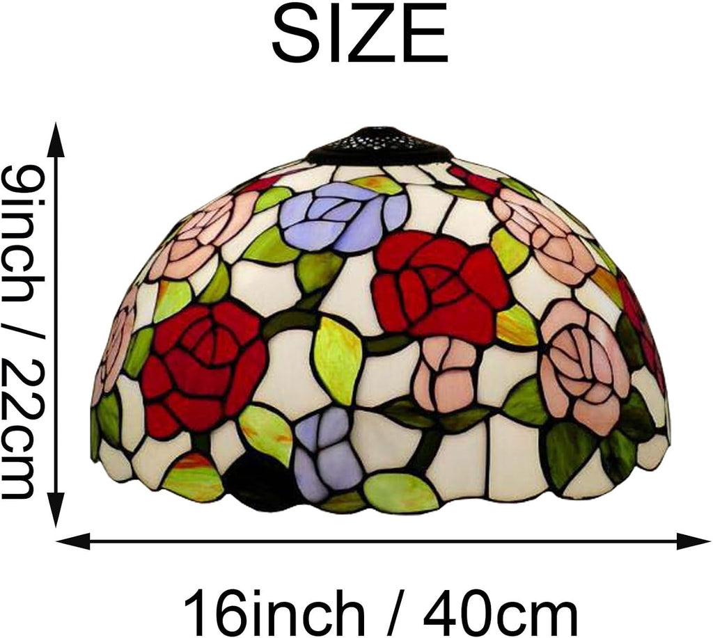 Tiffany Rose Lamp Shade Replacement 16X9 Inch Vintage Stained Glass Lampshades Only with Cap Christmas Home Decor Red Blue Pink Design Light Cover for Table lamp Pendant Light Floor Lamp
