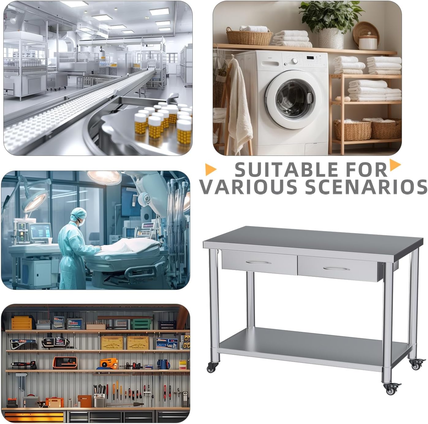 Stainless Steel Work Table with Drawers, 48'x24' Prep Table for Commercial Kitchen, Heavy-Duty Workbench Worktable Rolling Kictchen Island with Wheels for Home Kitchen and Restaurant