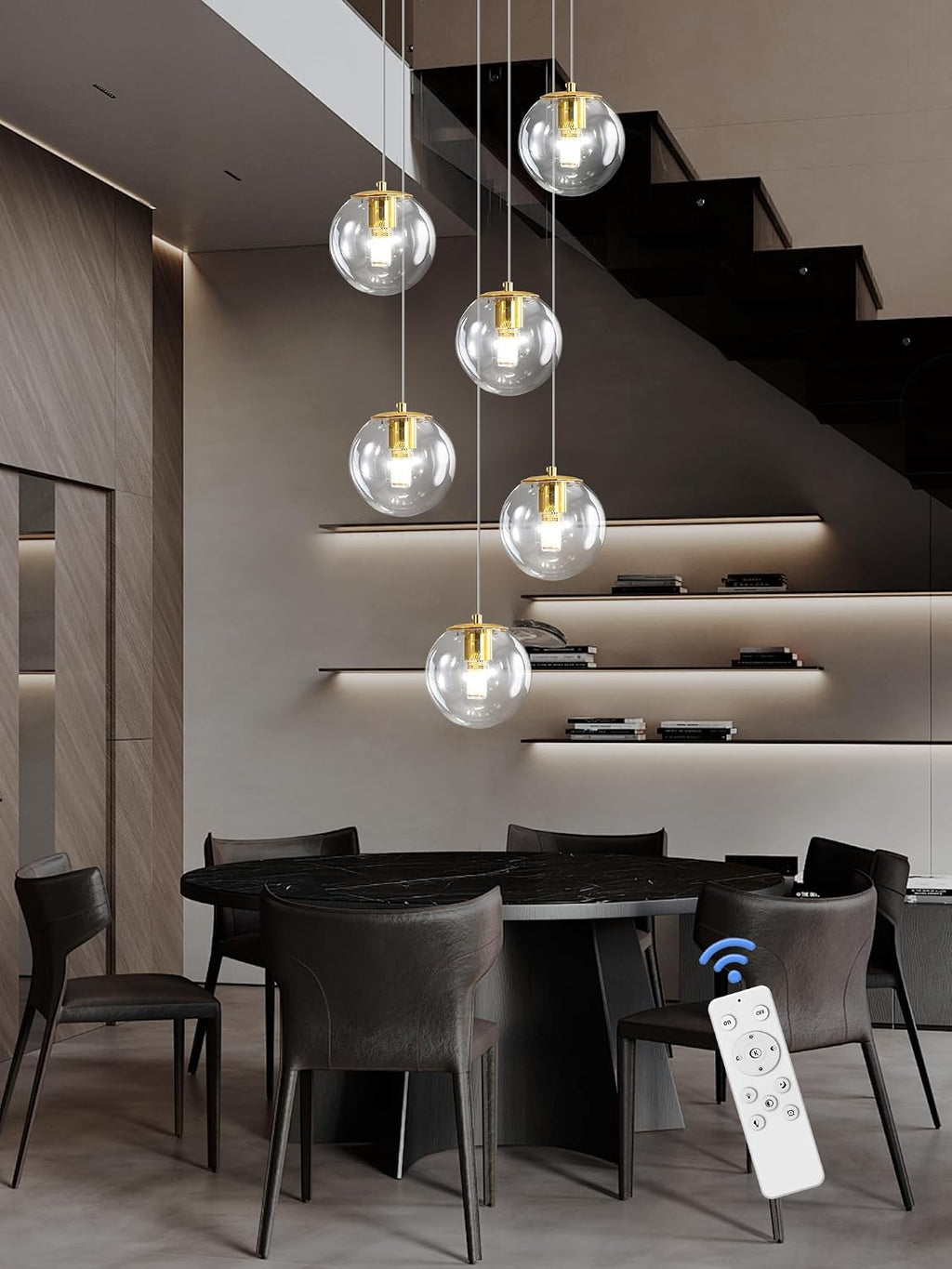 ykolupty 6-Light LED Staircase Modern Glass Globe Pendant Light Gold Chandeliers Large Chandeliers for High Ceilings, Entryway Lighting Fixture Villas and Stairs