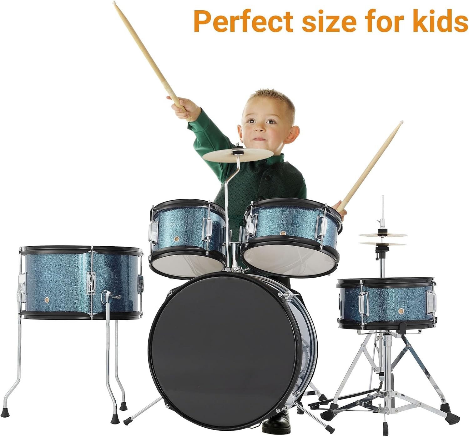 5-Piece 16 Inch Kids Drum Set, Junior Drum Kit with Bass Drum, Snare, 2 Toms, Cymbal, Hi-Hat, Throne Stool, Drumsticks & Pedals, Musical Gift for Beginner Students Ages 4+(Blue)