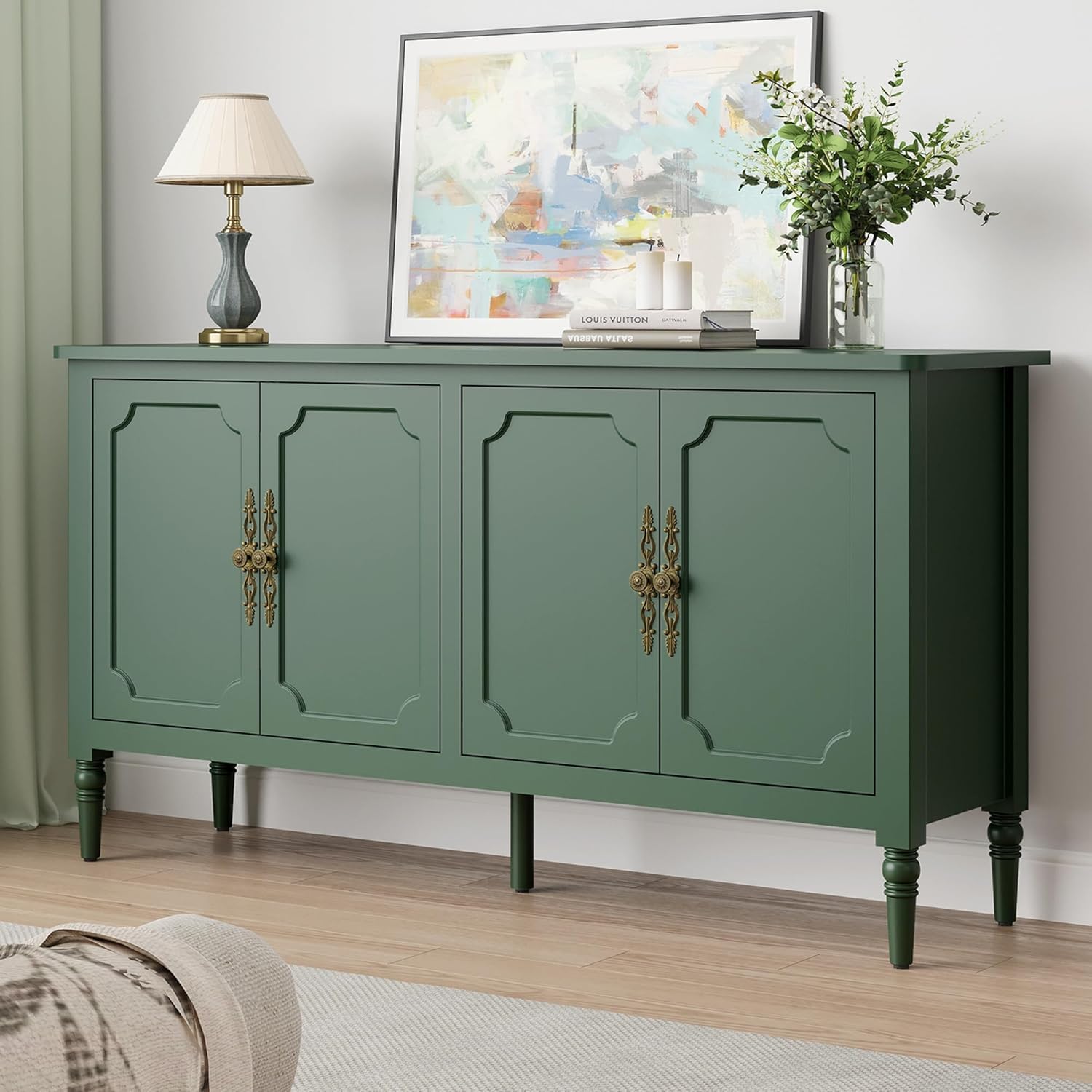 RoyalCraft Buffet Cabinet with Storage, 59' Vintage Sideboard with Adjustable Shelves, Mid Century Modern Painted Credenza Coffee Bar for Kitchen, Dining Room, Entryway, Living Room, Forest Green