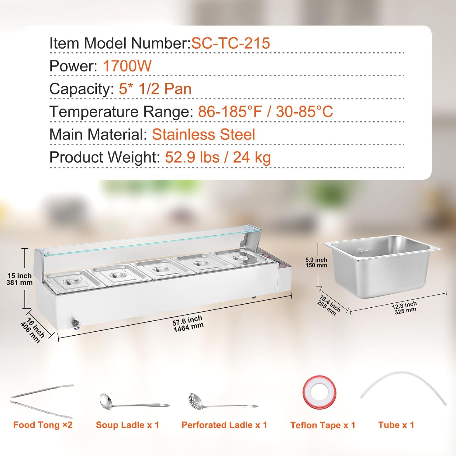 VEVOR 5-Pan Commercial Food Warmer, 5 x 12QT Electric Steam Table with Glass Cover, 1700W Countertop Stainless Steel Buffet Bain Marie 86-185°F Temp Control for Catering, Restaurants, Silver