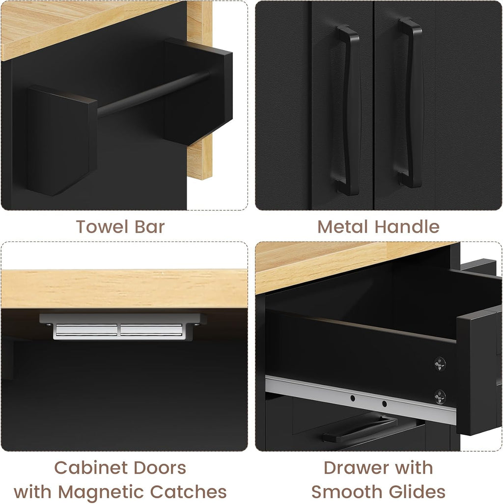 VVFLU Rolling Kitchen Island On Wheels, Kitchen Island Cart with Drop Leaf Countertop, Barn Door Kitchen Island Table with Storage Cabinet and 2 Drawer, 5 Wheels, Towel Rack and Spice Rack, Black