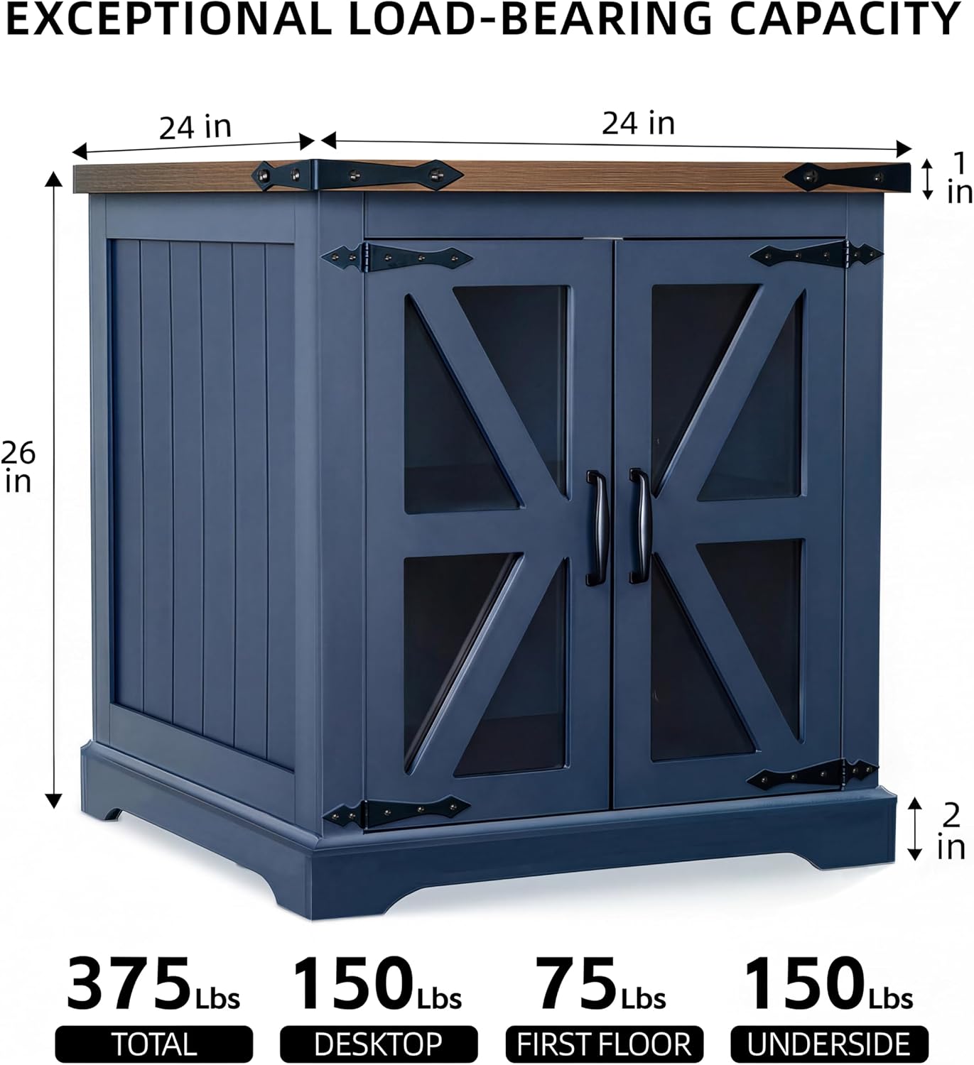 Farmhouse End Table, 24' Large End Tables with Storage, Rustic Square Sofa Beside Table with Glass Barn Door, Wood Side Table Square Nightstand for Living Room, Bedroom, Office (Misty Blue)