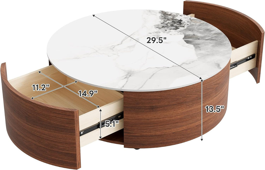 Merax 29.5' Round Coffee Table for Living Room, Movable Accent Table with Casters and 2 Storage Drawers, Marble Pattern Sintered Stone Top, Walnut