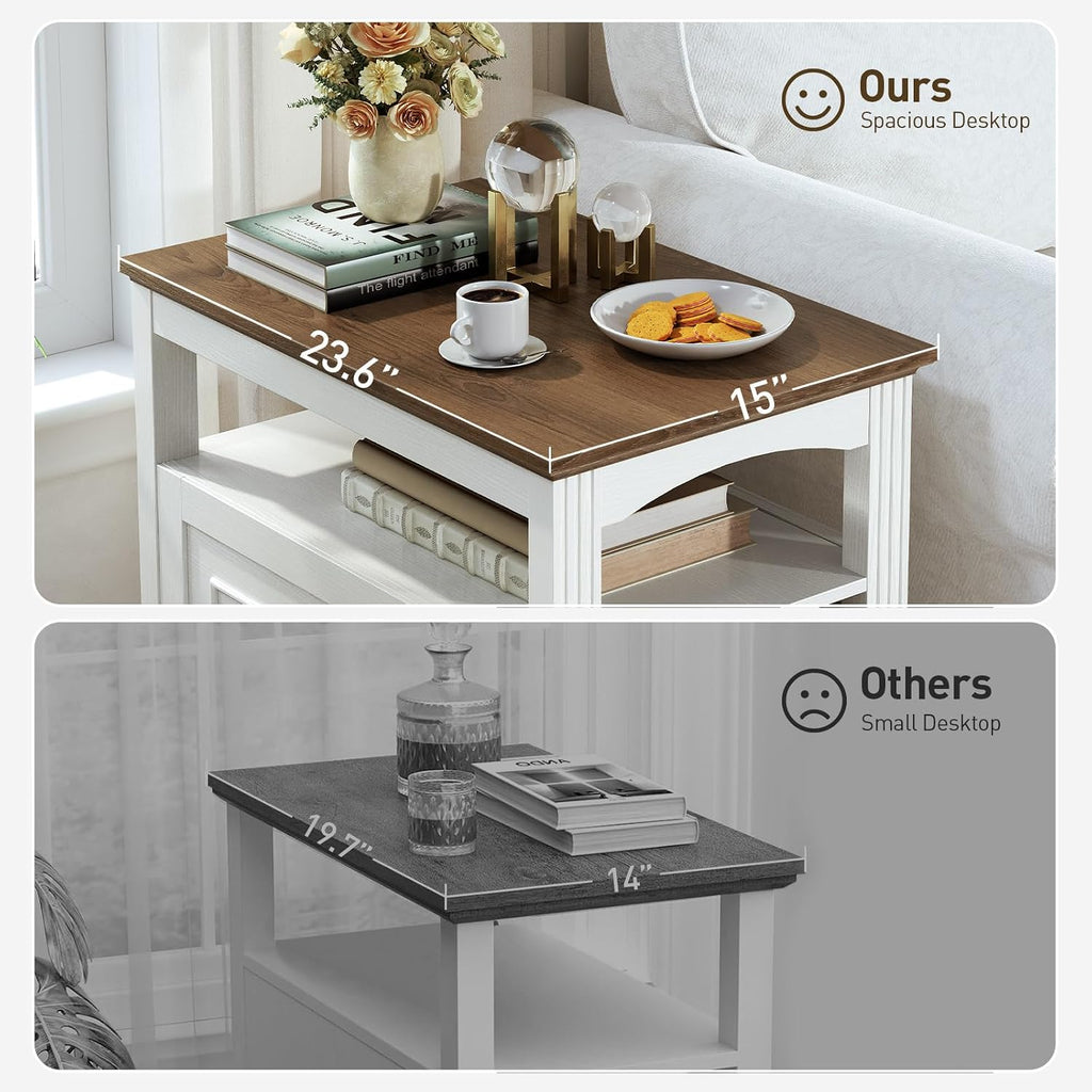 RALGEND Farmhouse End Table Set of 2, Narrow Sofa Side Table with 2 Drawers and Open Shelf, Wooden Nightstand with Storage for Small Spaces, Bedroom, Living Room, White and Walnut