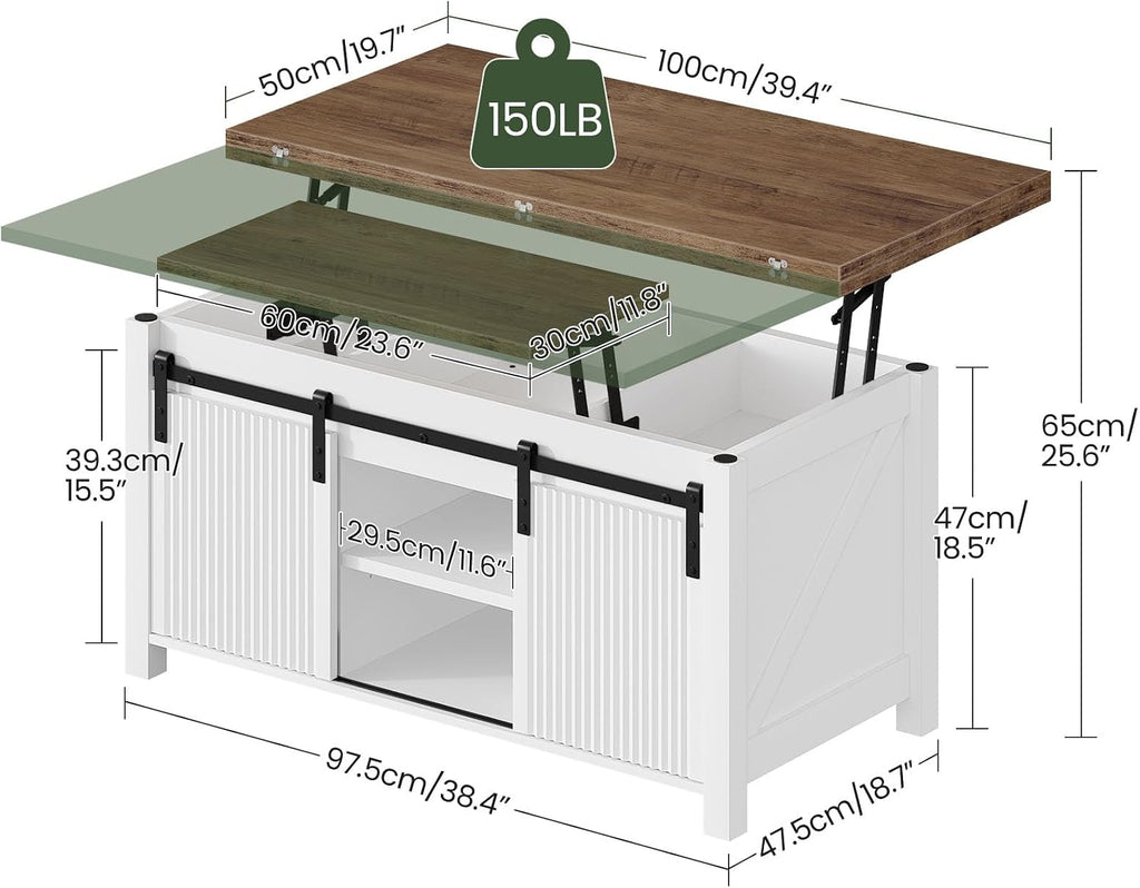 CHOEZON Lift Top Coffee Table, 4 in 1 Convertible Coffee Table, Farmhouse Coffee Tables, with Hidden Compartments, with Sliding Doors, for Living Room, Apartment, White and Walnut MKF01WL