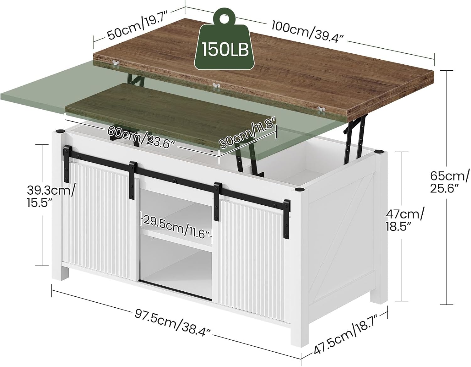 CHOEZON Lift Top Coffee Table, 4 in 1 Convertible Coffee Table, Farmhouse Coffee Tables, with Hidden Compartments, with Sliding Doors, for Living Room, Apartment, White and Walnut MKF01WL