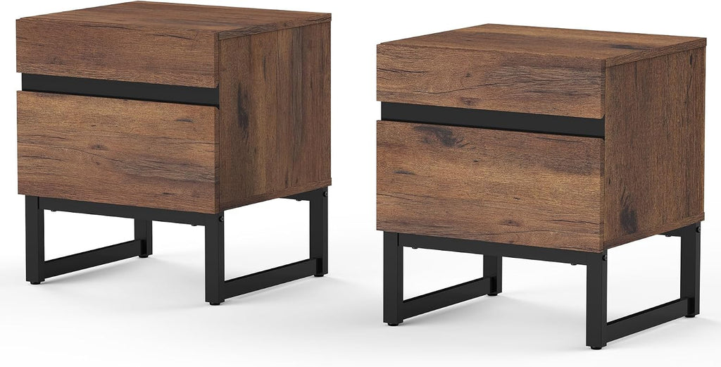 WAMPAT 2 Pack Modern End Table with 2 Drawers, Farmhouse Sofa Table with Black Square Iron Leg, Wood Rustic Side Table for Living Room, Nightstand for Bedroom, Brown, 17.7''L x 15.5''W x 19.8''H