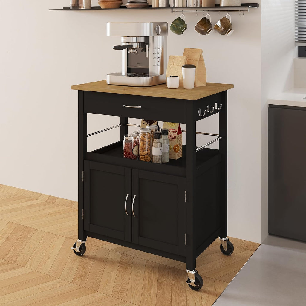 eHemco Kitchen Island Cart on Wheels, Black Base, Natural Bamboo Top | Drawer, Storage Cabinet, Shelf, Butcher Block