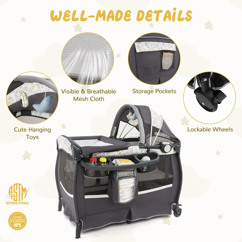 HONEY JOY Pack and Play, 4 in 1 Portable Baby Crib Playpen w/Bassinet, Changing Table, Canopy, Mattress, Music Box, Storage Bag, Foldable Pack and Play for Infant Boys Girls