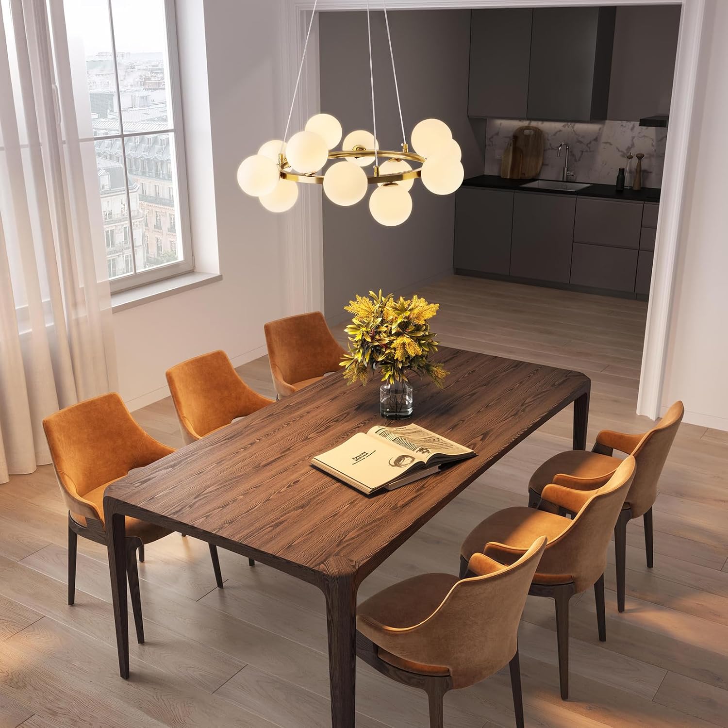 Modern Sputnik Chandelier Light Fixture, 12-Light Gold Bubble Glass Chandeliers for Dining Room, Mid Century White Globe Pendant Lighting for Kitchen Island, Bedroom, Foyer,Living Room,23.6IN