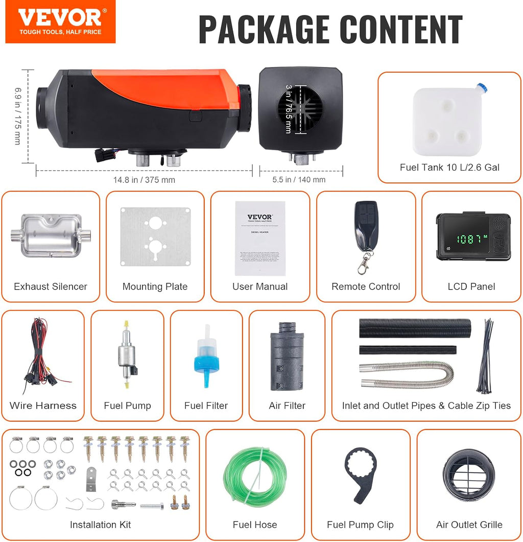 VEVOR Diesel Heater 5KW, Features Bluetooth App, Auto Altitude Tuning, Comes with Remote & LCD Display, Suitable for RVs, Trailers, Campers, Boats & Indoor Use
