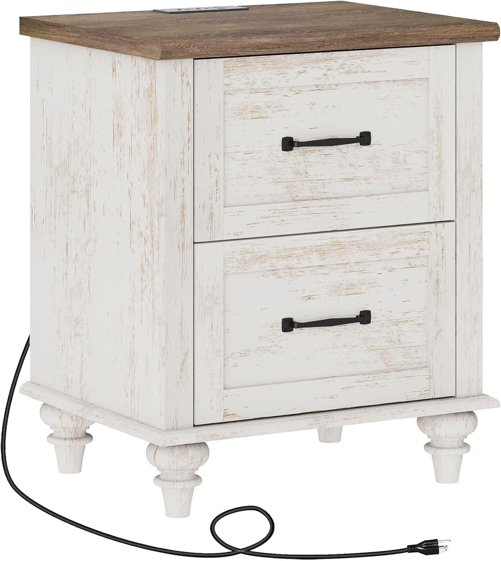 WAMPAT Antique White Side Table Nightstand with Charging Station, Wood End Table with 2 Drawers for Living Room, Rustic Night Stand Farmhouse Bedside Table for Bedroom, Kids Room