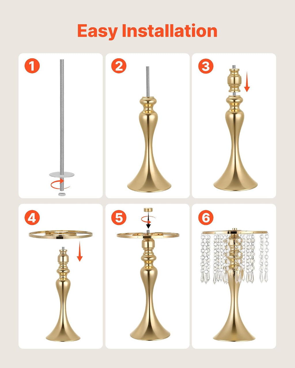 VEVOR 20 PCS Wedding Flower Vase, 13.4 in Tall Flower Table Centerpieces, Crystal Banquet Vases Easy Installation, Electroplated Finish, Versatile Arrangement Stand for Party Events Home Decor, Gold