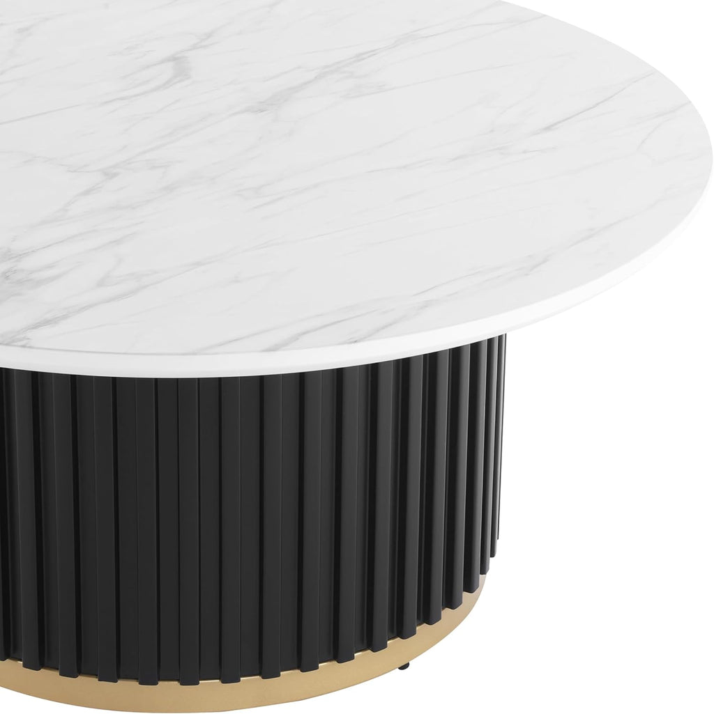 Modern Round Coffee Table with Fluted Pedestal Circle Coffee Table with Faux Marble Tabletop for Bedroom,Apartment,Living Room White