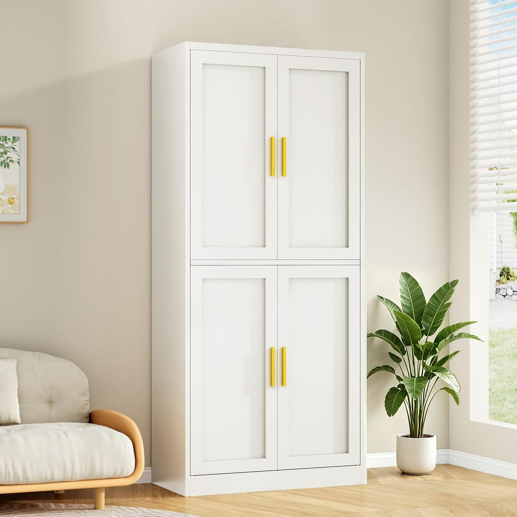 Wanfu 71' Tall Pantry Cabinet, Metal Kitchen Pantry Cabinet with 4 Doors and 4 Adjustable Shelves, Kitchen Pantry Storage Cabinets, Metal Storage Cabinet for Kitchen, Dining Room, Living Room-White