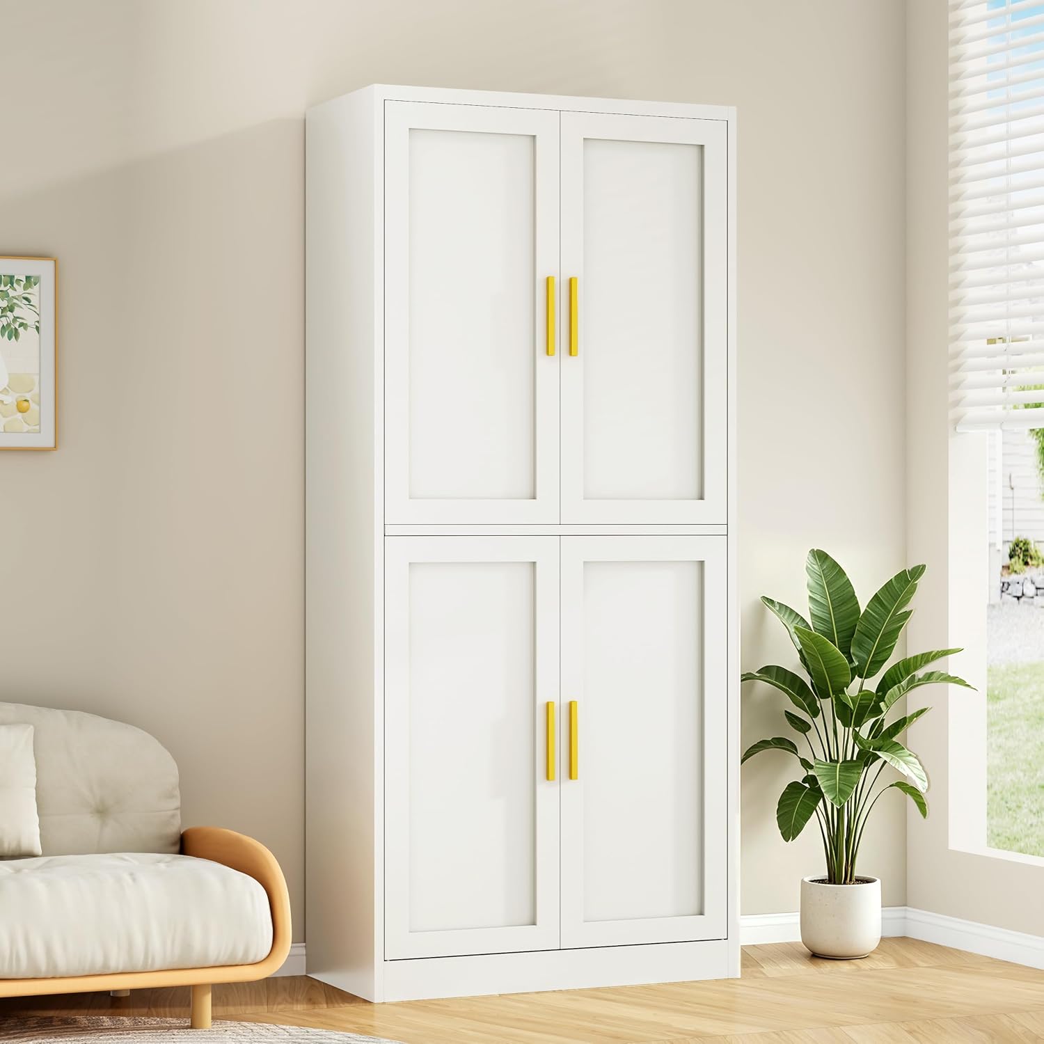 Wanfu 71' Tall Pantry Cabinet, Metal Kitchen Pantry Cabinet with 4 Doors and 4 Adjustable Shelves, Kitchen Pantry Storage Cabinets, Metal Storage Cabinet for Kitchen, Dining Room, Living Room-White