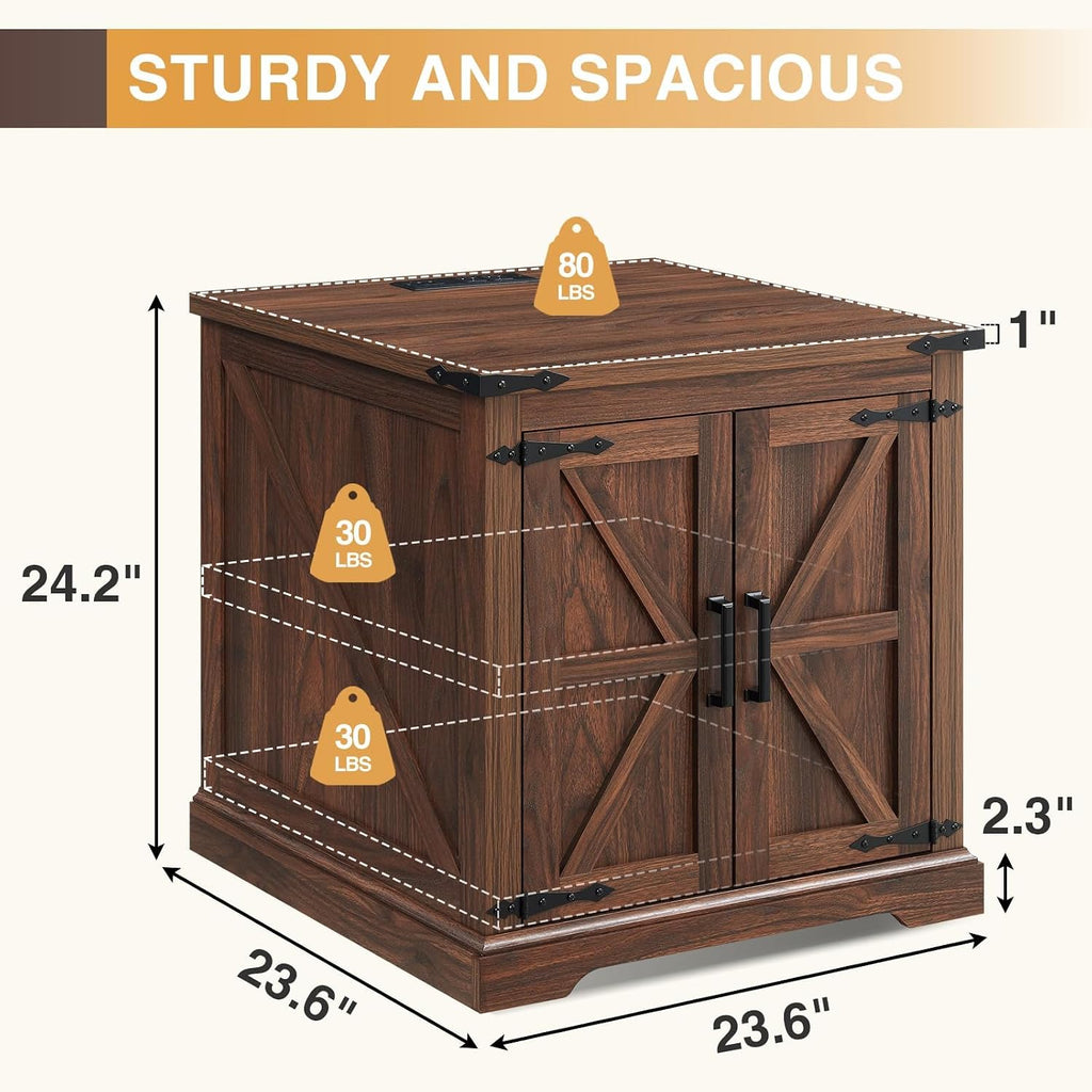 Barnyatoh Farmhouse End Table with Charging Station,24' Large Sofa Side Table with Barn Door, Rustic Wood Square Nightstand Bedside Table with Adjustable Storage Shelf for Living Room, Bedroom,Walnut