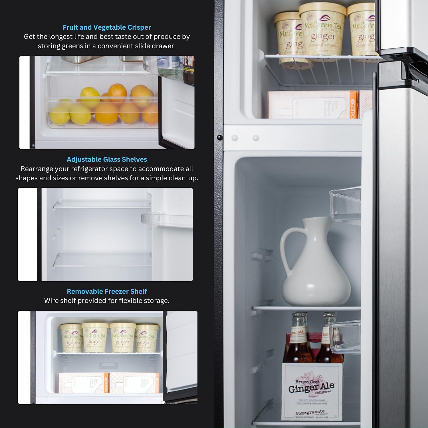 CP972SS Refrigerator-Freezer 22' Wide Refrigerator-Freezer; Cycle Defrost; 7.1 Cu.Ft.; Stainless Steel Doors; Adjustable Glass Shelves; Door Storage; Sealed Back and Black Cabinet